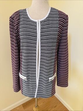 Misook large red/black multi knit one button jacket/cardigan.